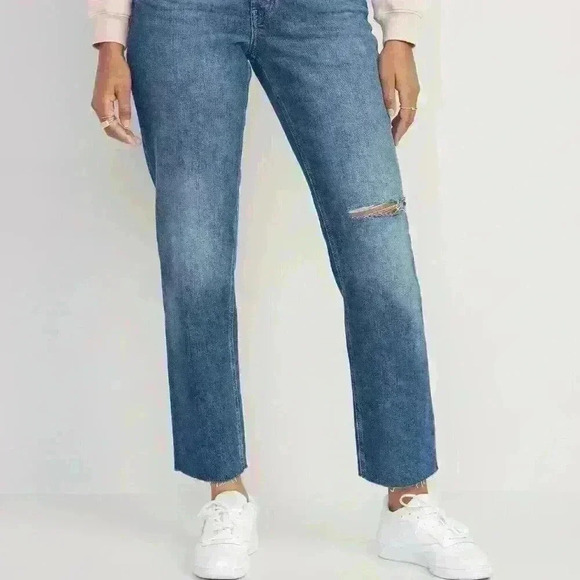 Old Navy Curvy Extra High-Waisted Button-Fly Sky-Hi Straight Ripped Jeans 2 tall - Picture 2 of 8